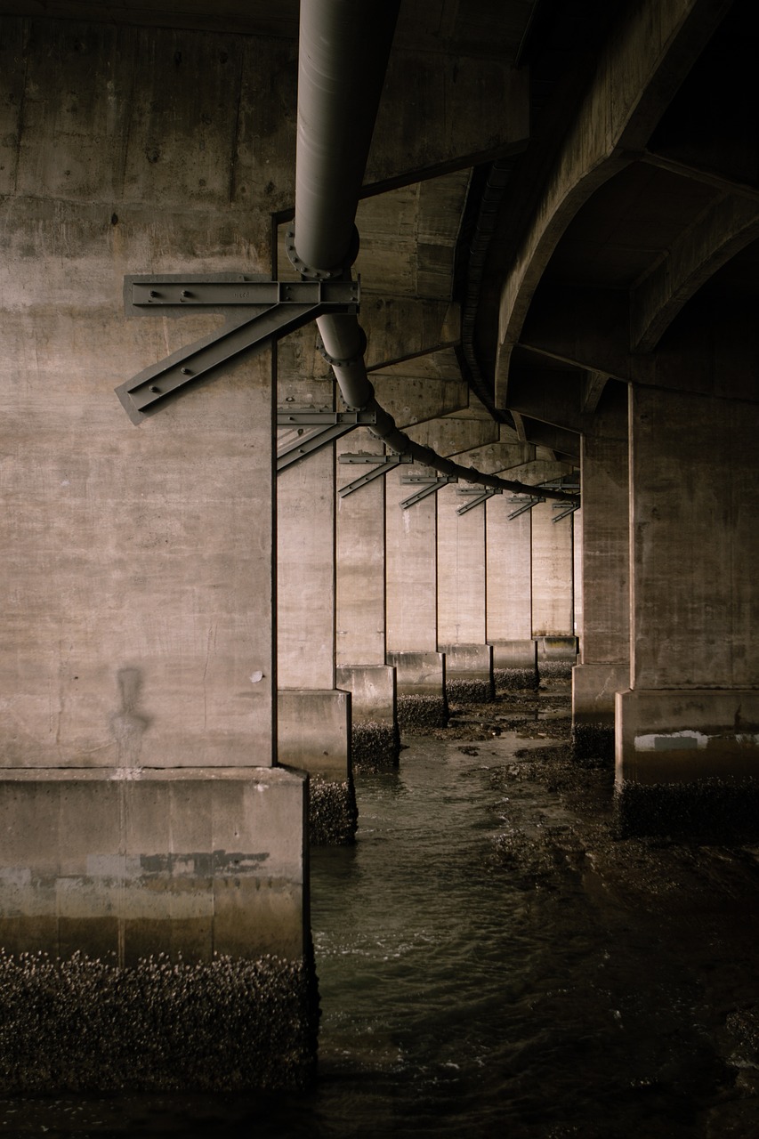 bridge, underpass, water, pipe, architecture, metal, construction, concrete, brown construction, nature, brown bridge